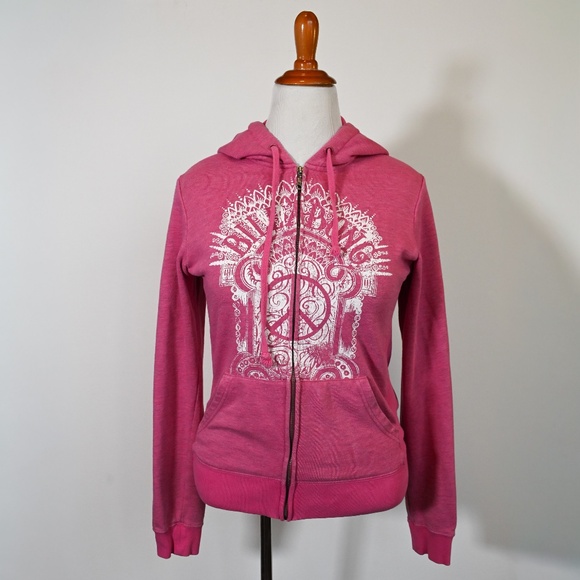 Billabong Y2K Pink Zip Up Hoodie Women's XL Peace Sign Bohemian Hippie Logo - Picture 6 of 14